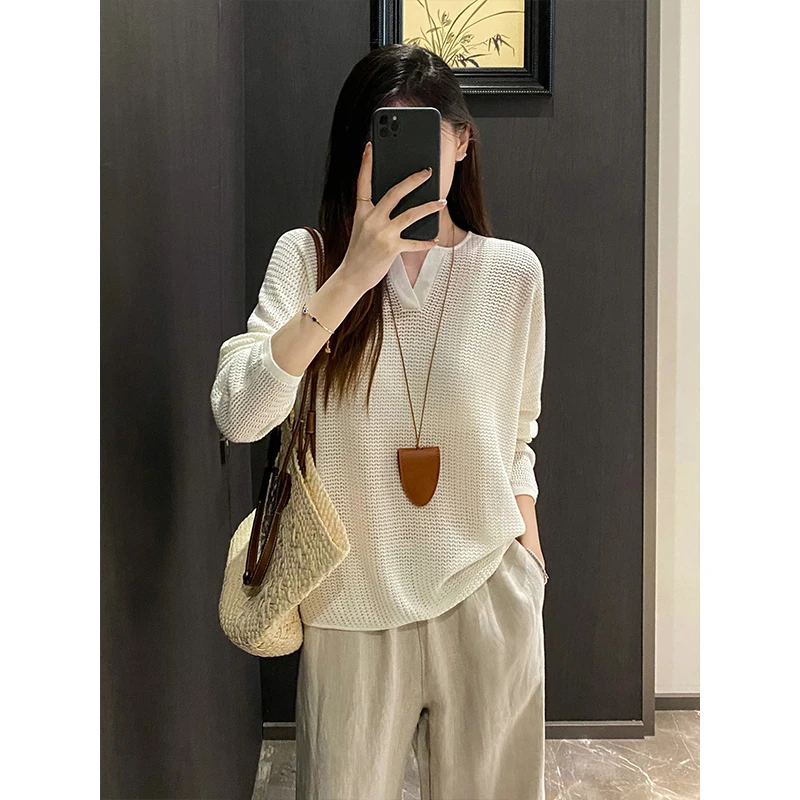大码镂空设计感V领长袖针织衫女秋季新款胖mm宽松百搭慵懒风上衣