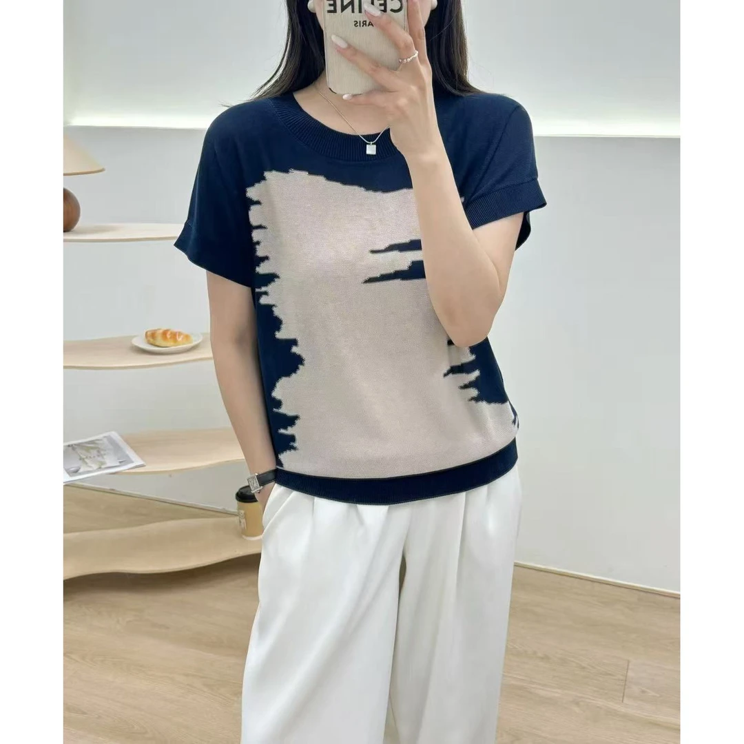 S·Y·C【酷感浅梦】天 丝设计感不规则图案薄款圆领短袖上衣女