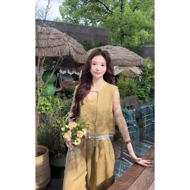 【天丝亚麻】新款夏季老钱风时尚套装阔腿裤减龄背心蕾丝宽松梦梦