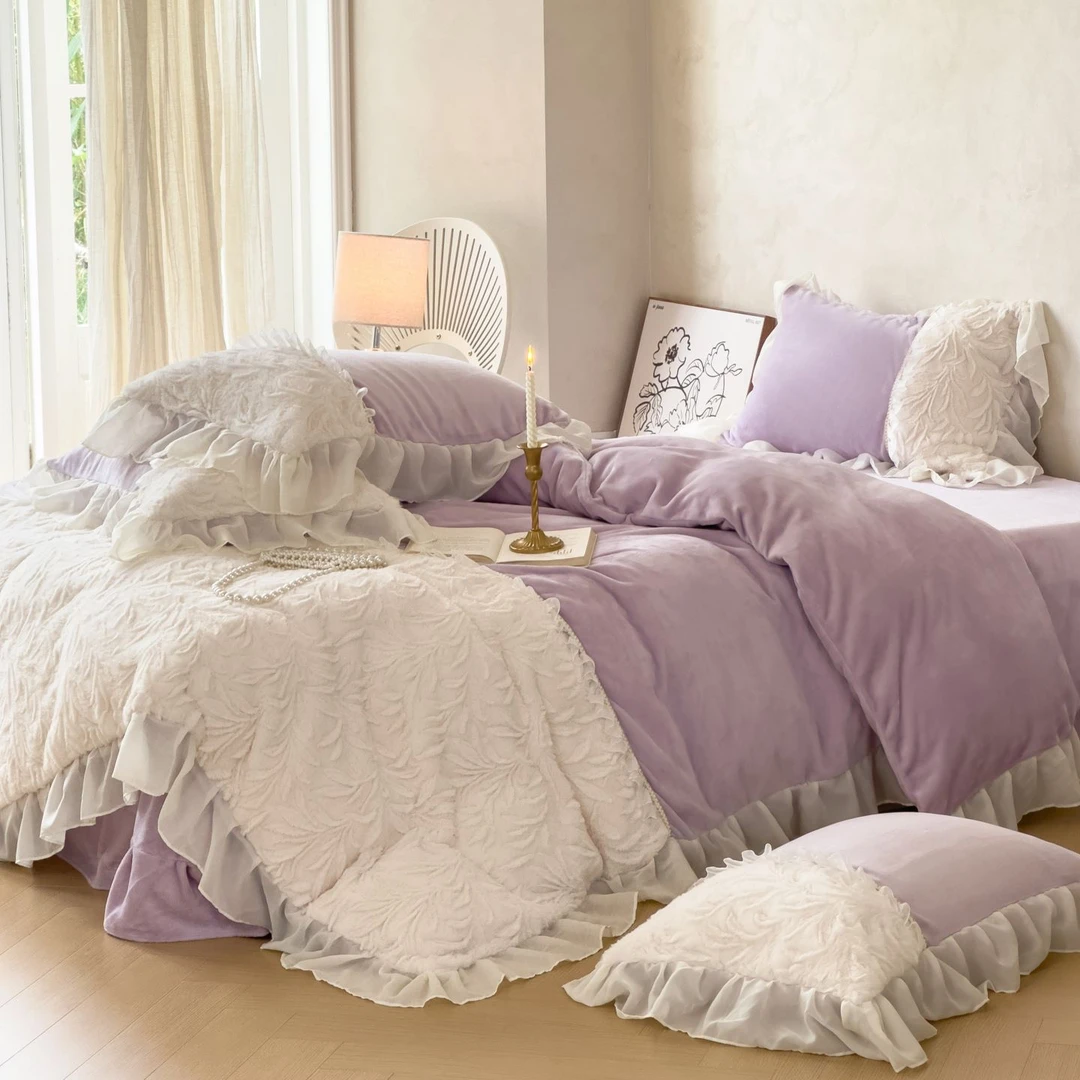 韩版兔毛绒公主风牛奶绒四件套纯色法式花边被套床裙四件套母婴级