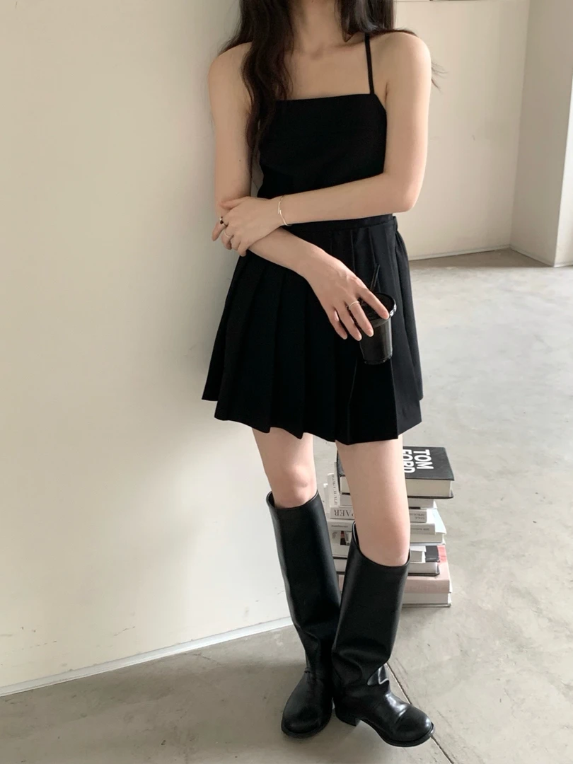 背心无袖中裙吊带夏季连衣裙黑色短款复古赫本风