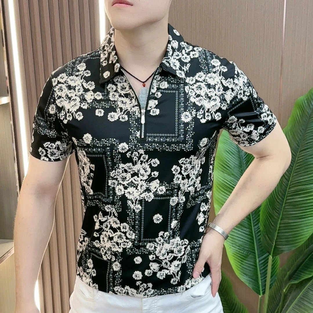 萨尔布勒斯夏季潮流个性半袖衫男士半拉链薄款凉感翻领时尚男短袖