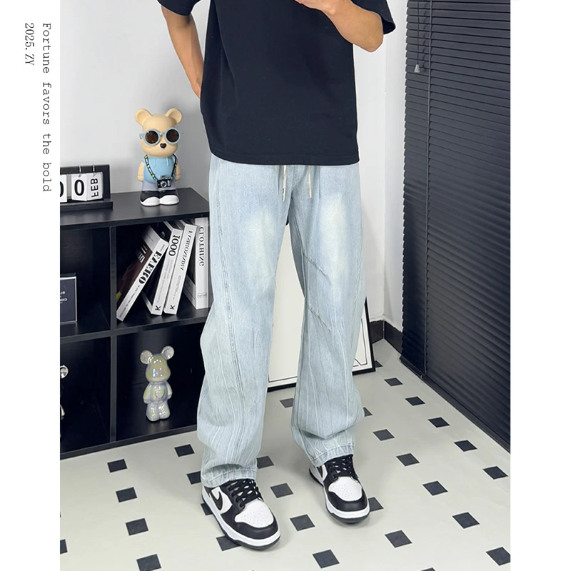 ZY.竹节纹浅蓝色牛仔裤男春夏美式水洗vibe高街直筒裤高级感长裤