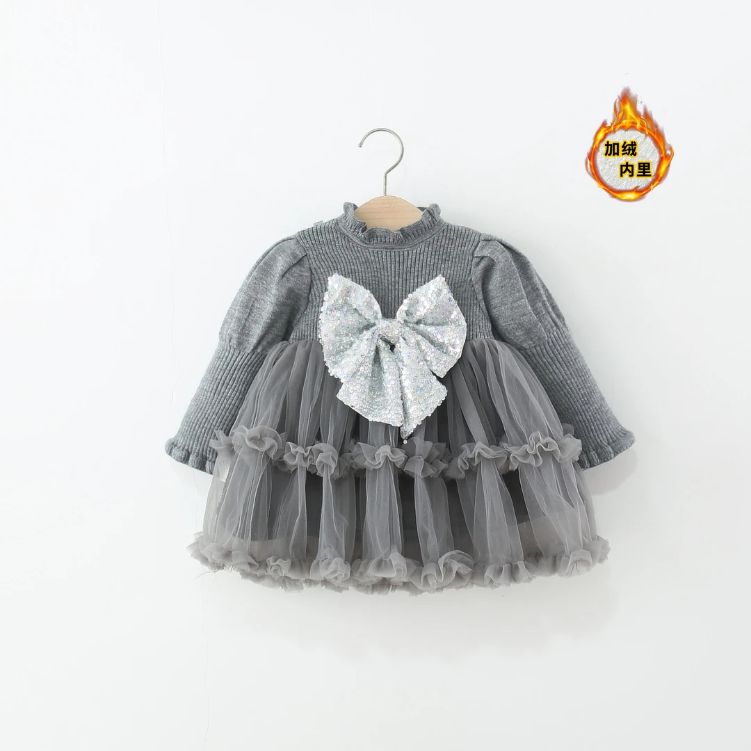 洋气女童连衣裙秋冬季儿童女宝宝半高领蝴蝶结蓬蓬纱公主裙子加绒