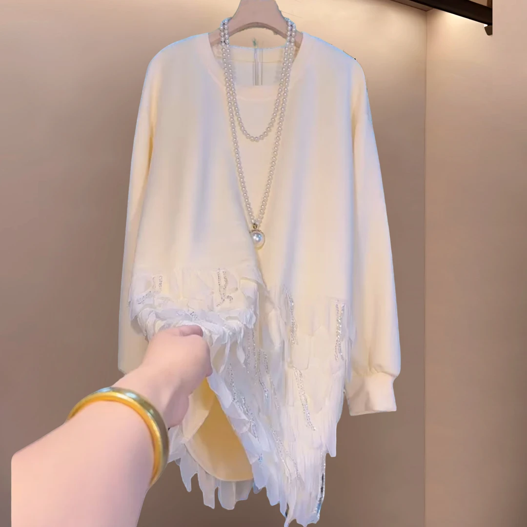 早秋款大码女装胖妹妹米白色拼接花瓣显瘦遮肉宽松长袖圆领中长款