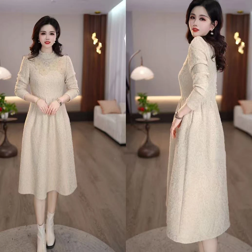 【连衣裙】安哥拉绒冬款时尚精致浮花设计显瘦优雅中长款连衣裙