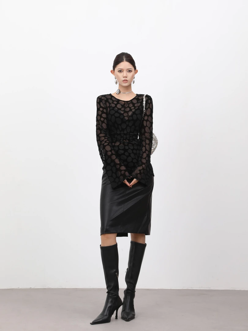 DENGDAHA「暗里着迷」气质韩式时尚风镂空微透长袖T恤SHBZW652020