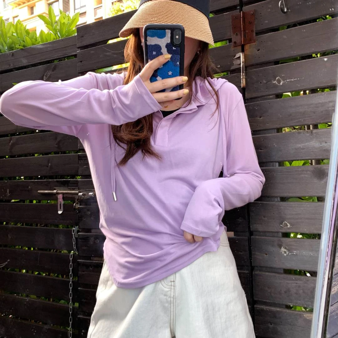 铜氨丝凉凉衫纽扣款宽松冰凉感长袖连帽圆弧下摆上衣外套A332