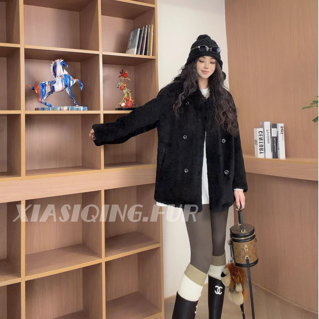 【晴晴推荐】｜25FW 1085 高级双排扣南非米粒卷皮毛一体皮草外套