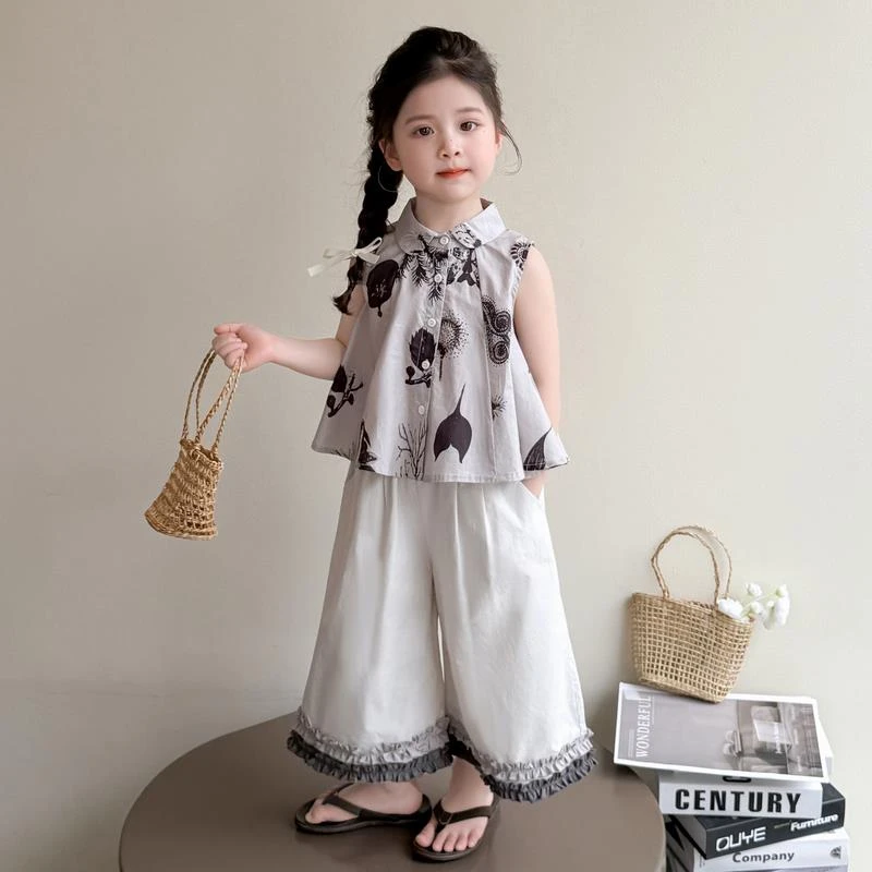 女童夏装无袖衬衫套装2025新款儿童夏季花边阔腿裤两件套宝宝衣服