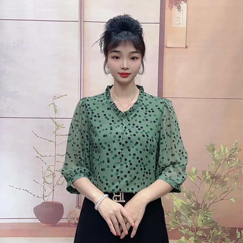 衬衫女七分袖2025夏季新款时尚圆点衬衣气质洋气遮肉显瘦小衫上衣