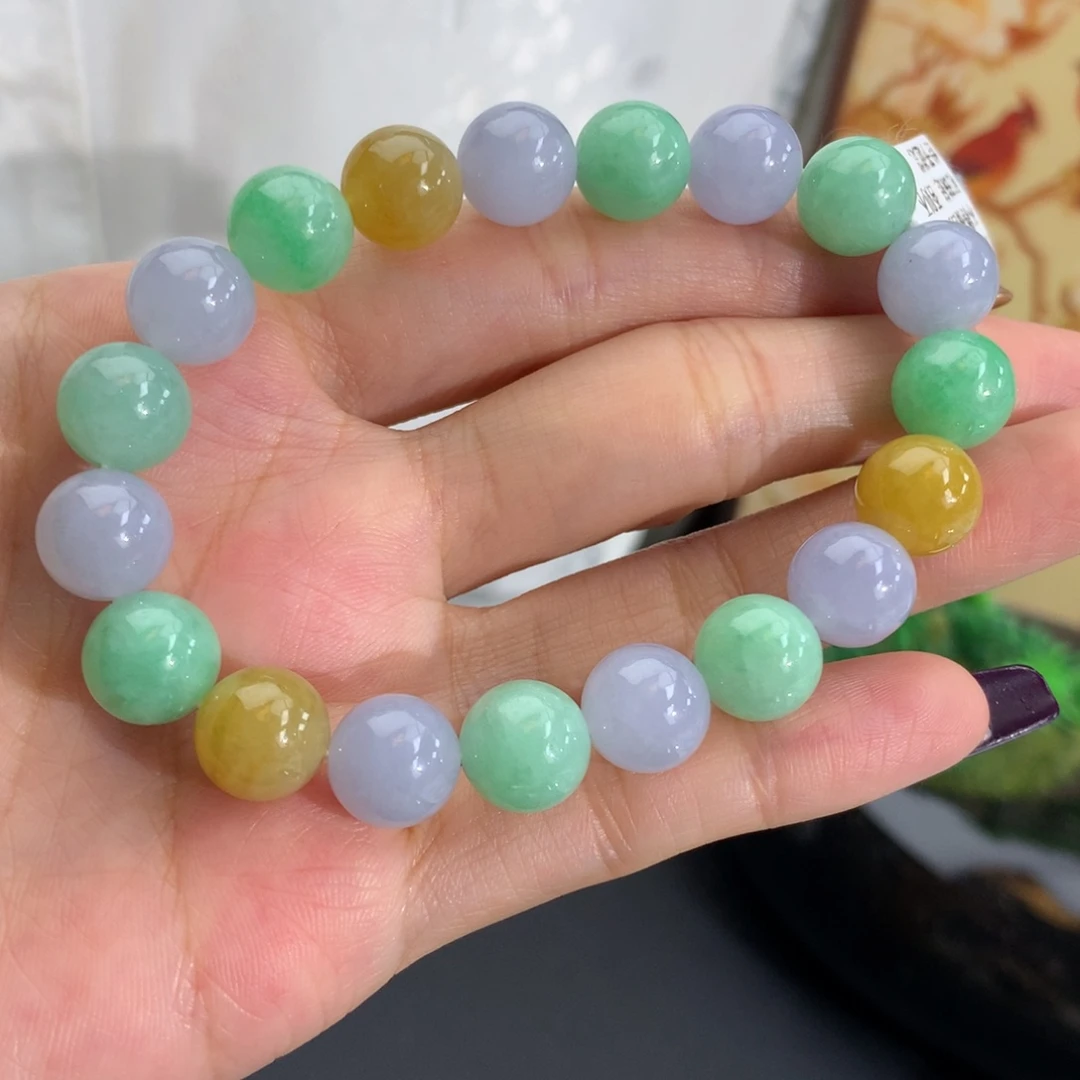 翡翠未镶嵌手串卡10细润紫绿黄手串