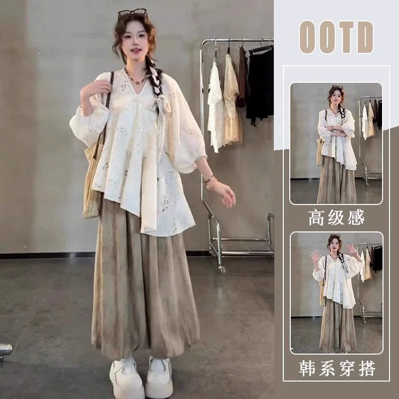 新中式穿搭套装女不规则镂空设计感短袖衬衫搭配灯笼袖阔腿裤两件