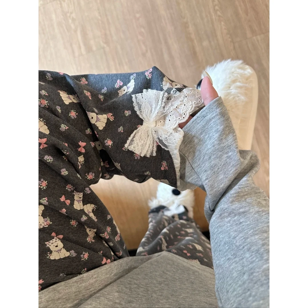 甜美可爱卡通小狗蕾丝边睡衣女秋季新款长袖长裤套装家居服可外穿