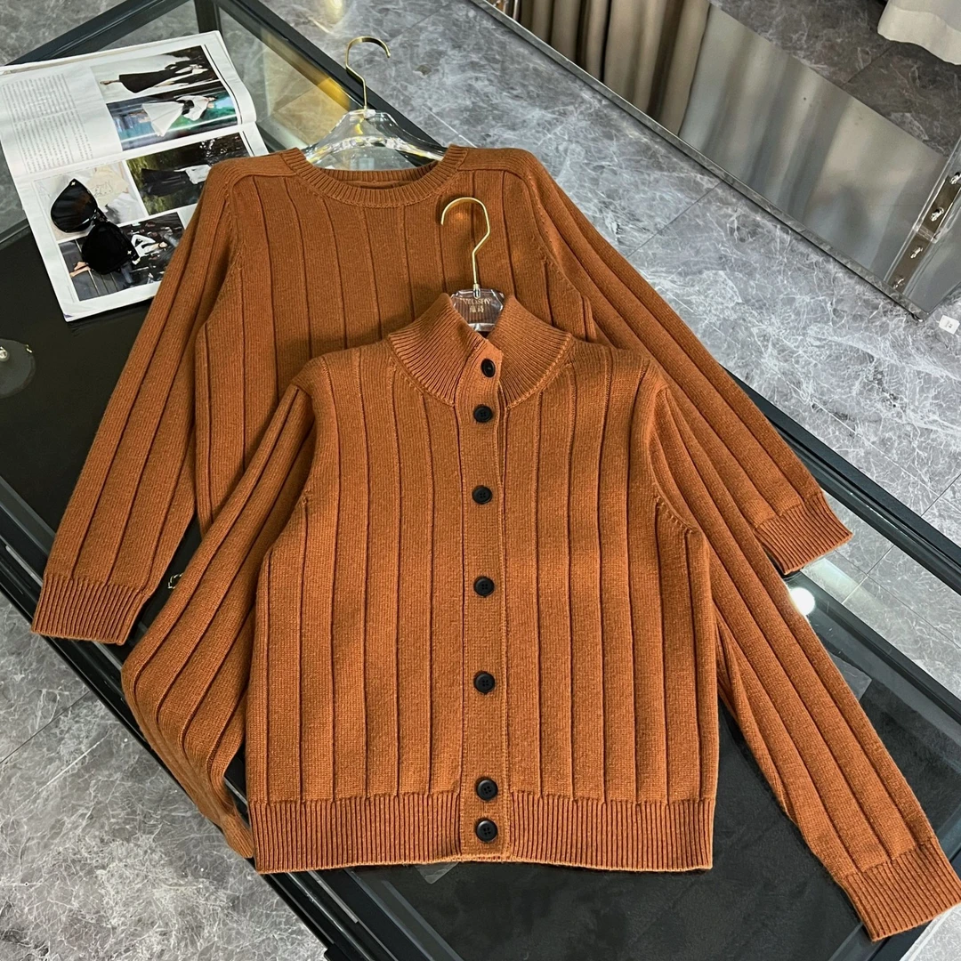 {新品}【100羊绒】lp*坑条驼色套头开衫针织衫