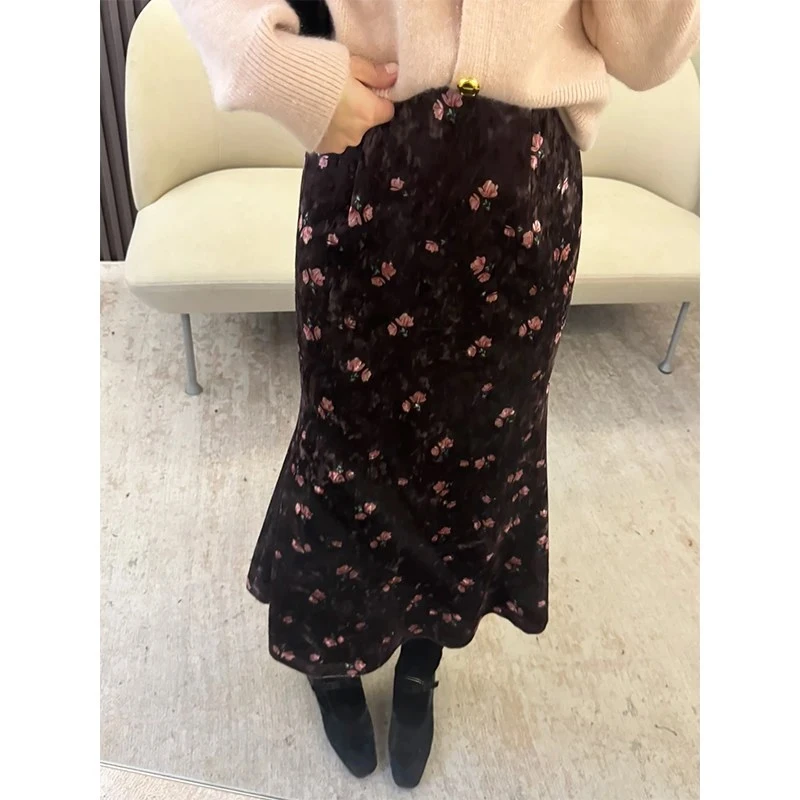 秋冬小碎花鱼尾半身裙女韩版高腰显瘦气质减龄中长款百搭复古裙