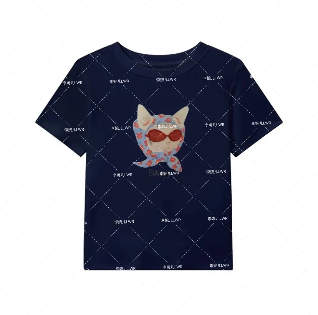 【墨镜猫咪】韩版2025夏季新款显瘦丝巾钉珠眼镜图案休闲短袖T恤女