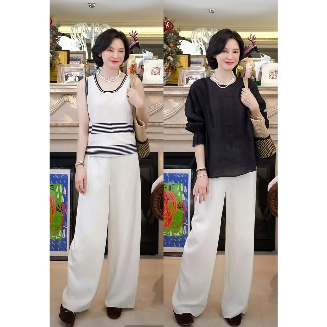 我是摩羯 山本裤韩国进口亚麻H型立体剪裁后松紧腰休闲直筒裤