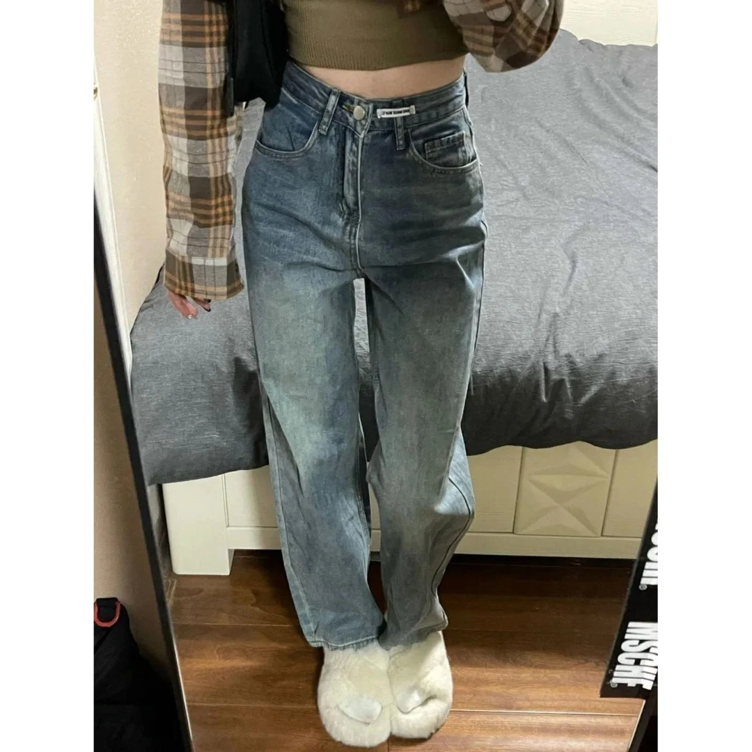 高腰直筒牛仔裤女2024年早春复古辣妹设计感小个子拖地垂感阔腿裤