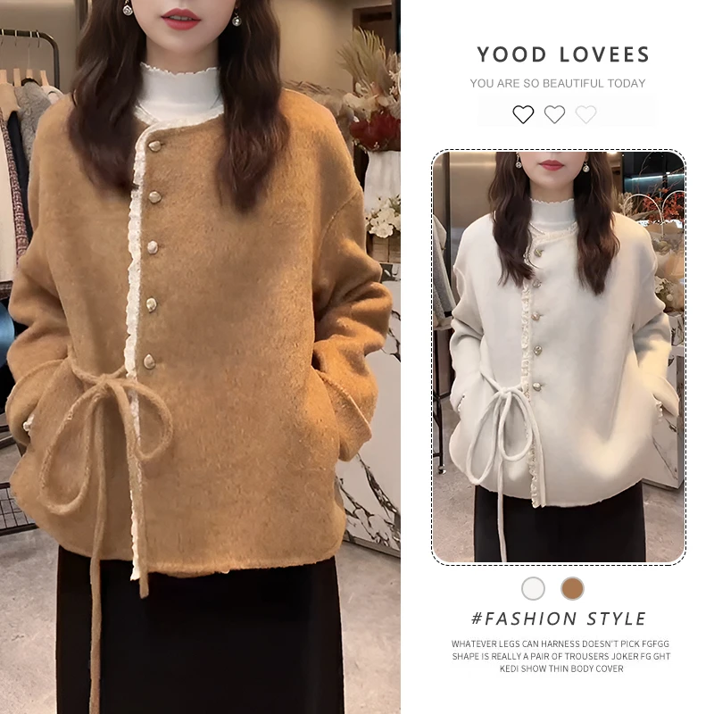 韩系休闲拼接蕾丝花边短款外套女2025秋冬季新款显瘦百搭减龄上衣