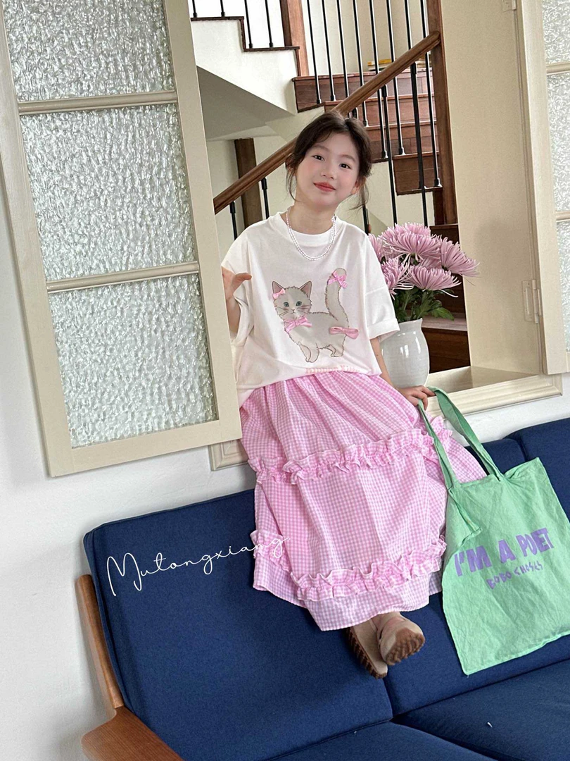 希兔家夏季薄款纯色粉色格子女休闲风套装时尚假两件韩版上衣