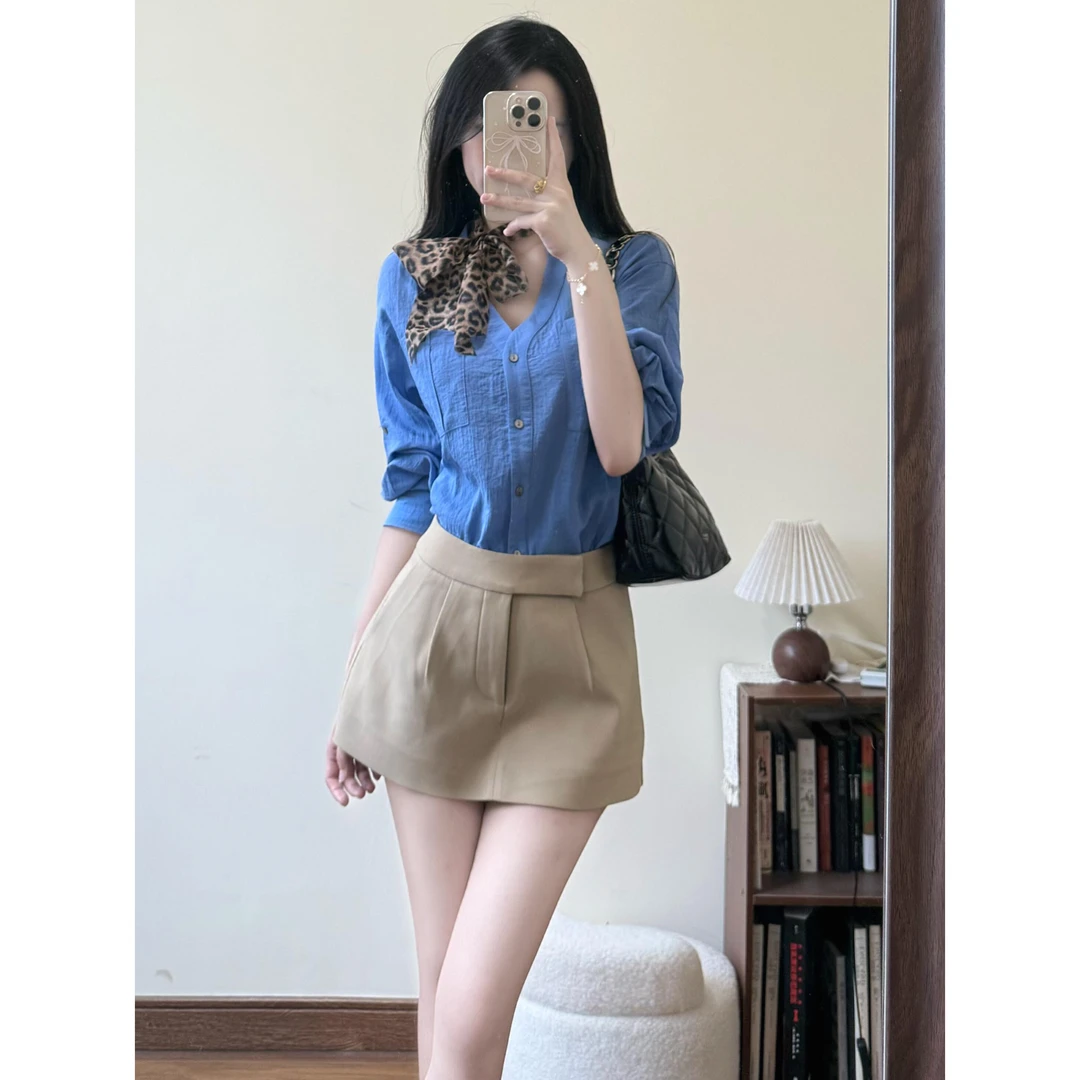 高智姐感港风复古气质V领长袖衬衫女夏季高腰显瘦a字半身裙两件套