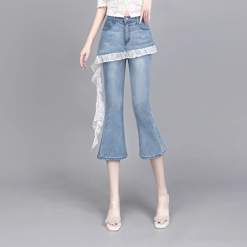 微喇宽松7分微喇中裤潮蕾丝牛仔短裤七分裤女夏季2025年新款高腰