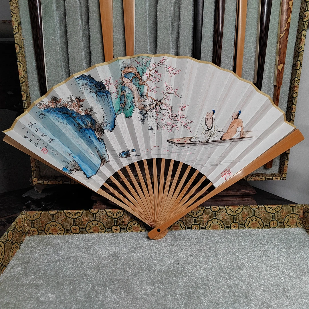 8寸手绘成扇.玉竹溜肩古方头手工扇骨