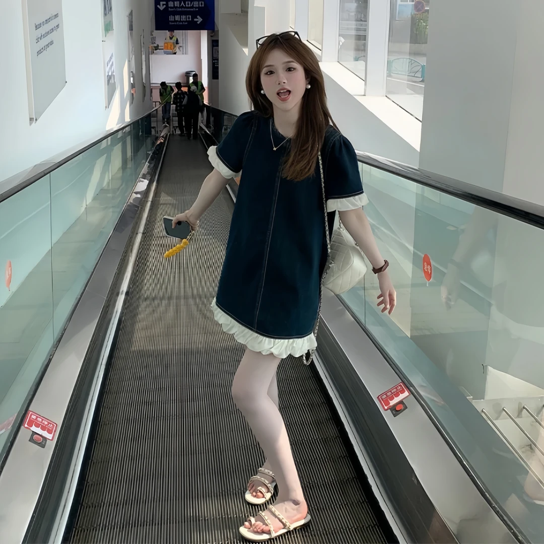 木耳边拼接短袖牛仔连衣裙女2025夏季新款独特绝美小个子气质短裙