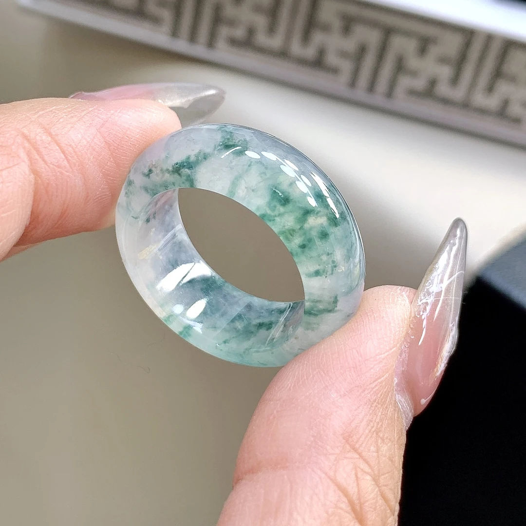宽版轮胎玉指环 22号23号 冰种飘蓝花缅甸翡翠戒圈19.6-9.6-4.6mm