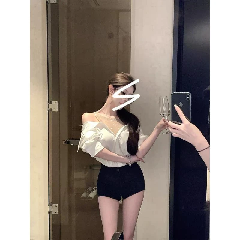 梦梦 MENGMENG｛高智姐感 新款纯欲拼接不规则网纱闪钻衬衫上衣}