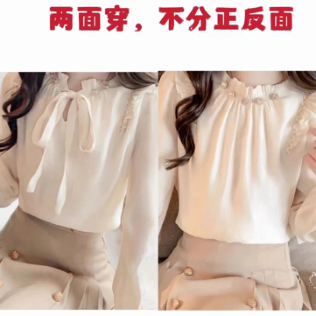 前后两穿蝴蝶结系带衬衫女春秋2025新款修身长袖衬衣百搭秋装上衣