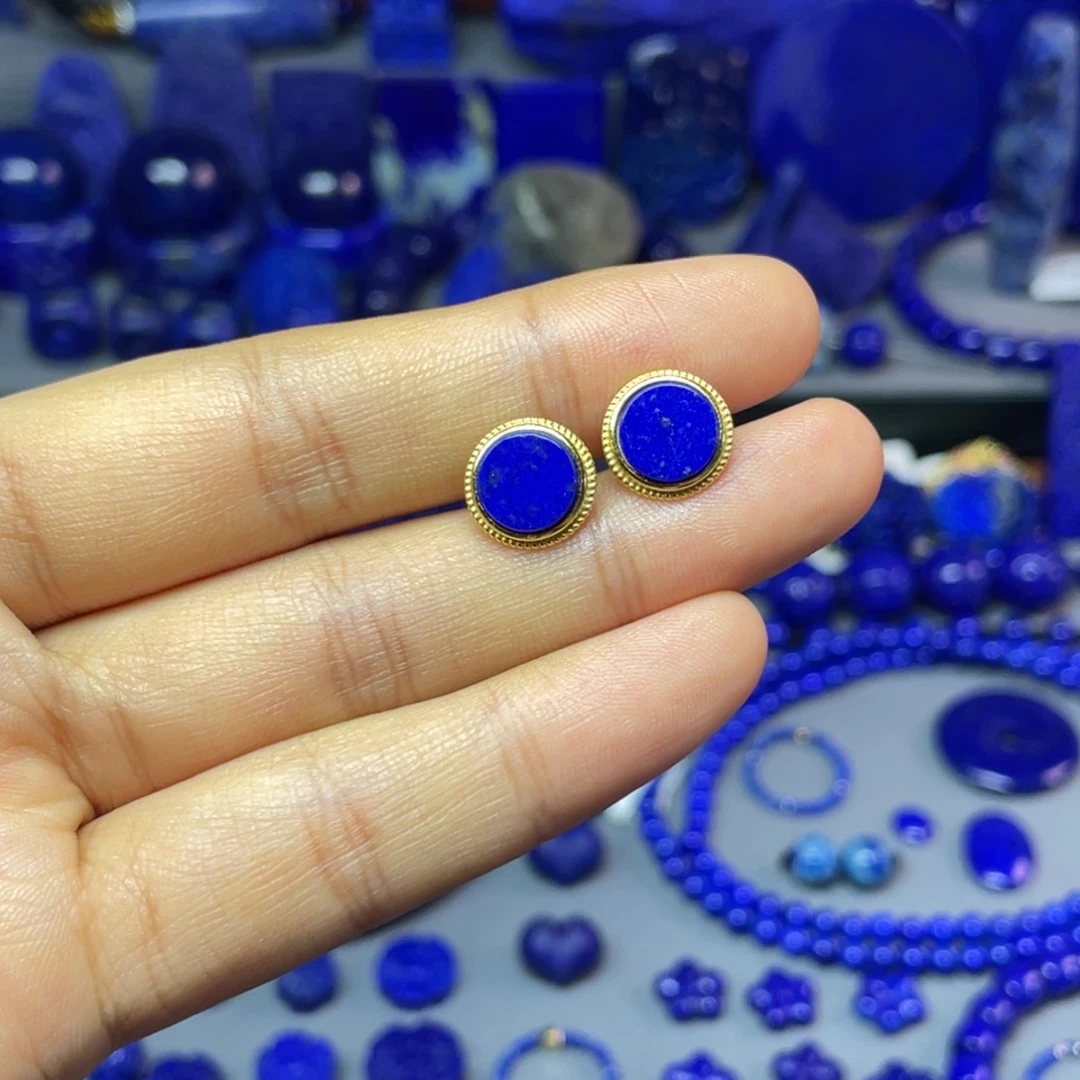 青金石银S925镀金镶嵌10mm耳饰