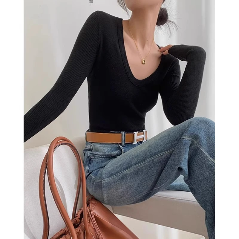 法式气质黑色U领正肩针织衫女春秋季修身显瘦长袖打底衫紧身上衣