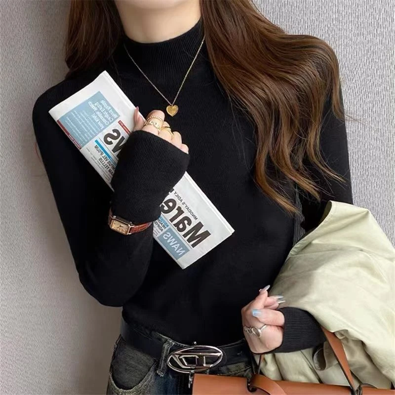 2025时尚长袖黑色打底一线成衣无缝款时尚针织衫打底内搭毛衣