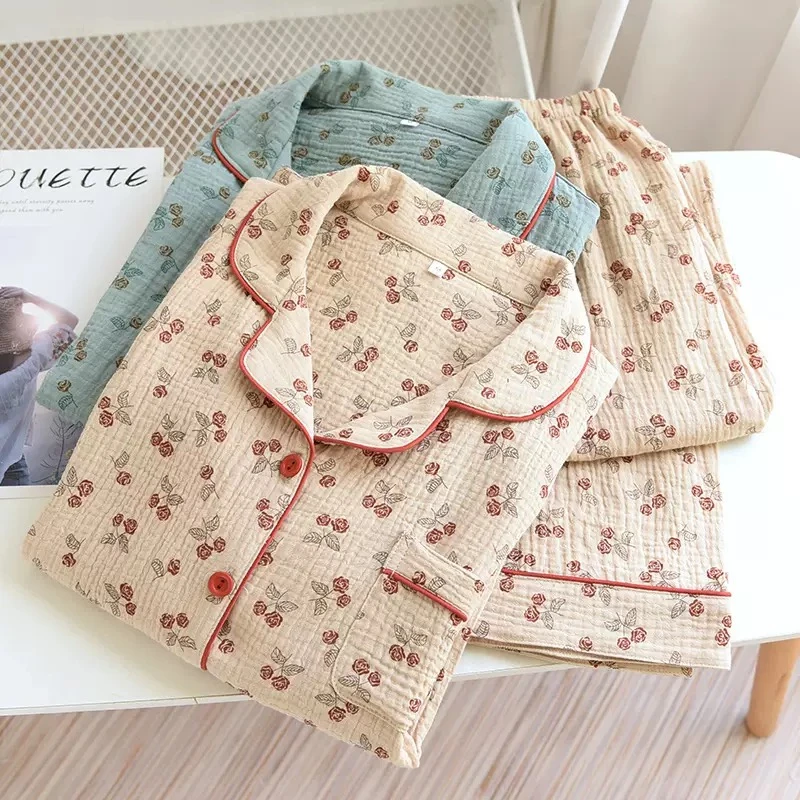 新款【复古小玫瑰】翻领纯棉精梳棉女士家居服长袖长裤套装