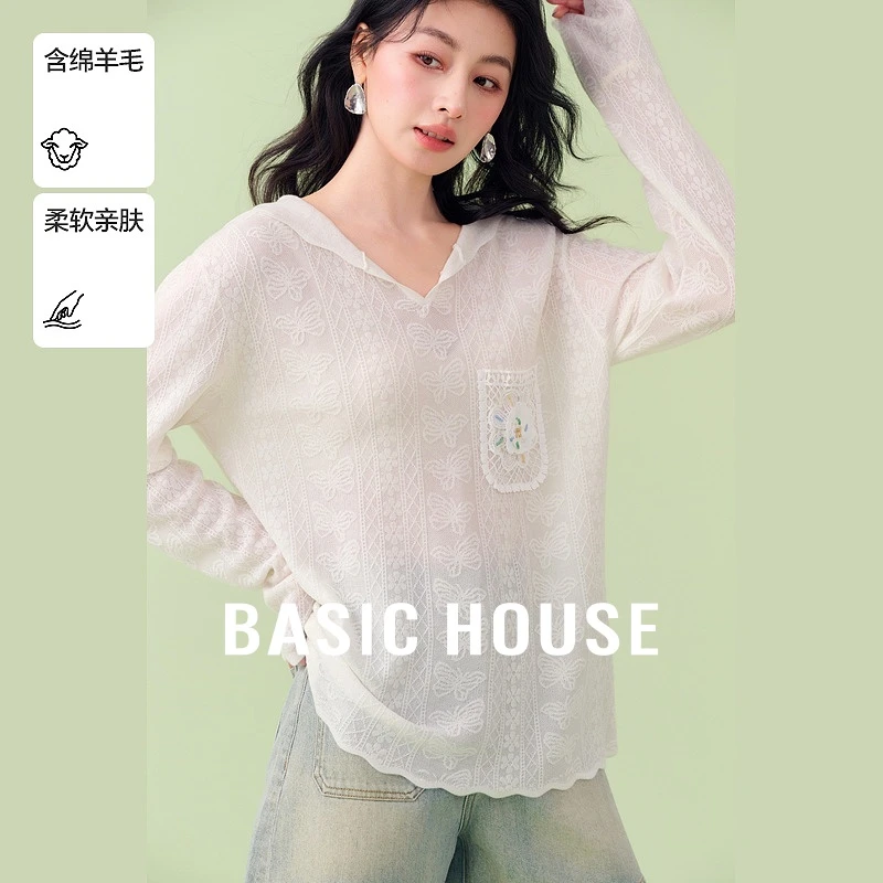 百家好早秋新款清冷系衣服设计感蕾丝连帽休闲针织衫-B0625H5W882