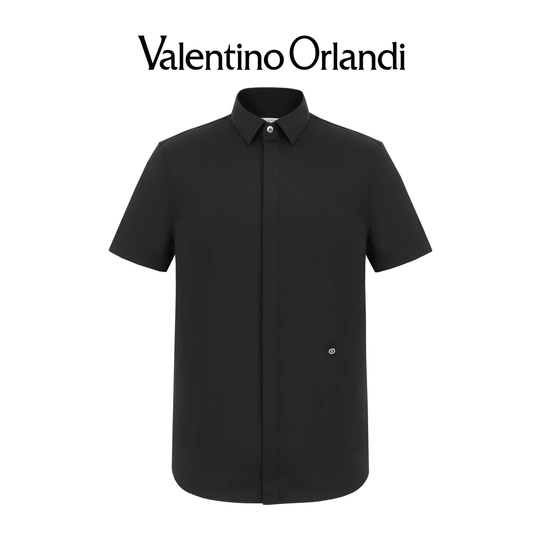 Valentino orlandi男士夏季时尚休闲百搭净版刺绣小标短袖衬衫