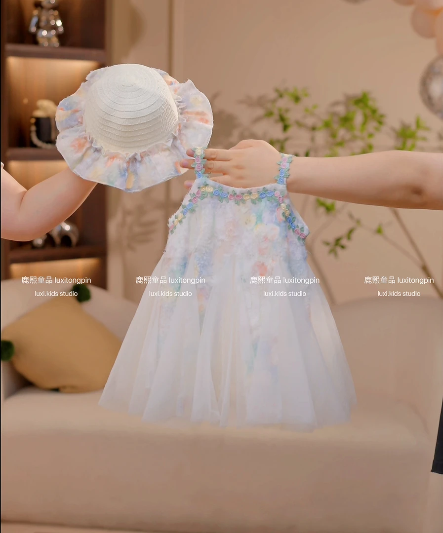 女童2025夏季新款女碎花大摆裙夏季不规则连衣裙公主裙刺绣纱裙