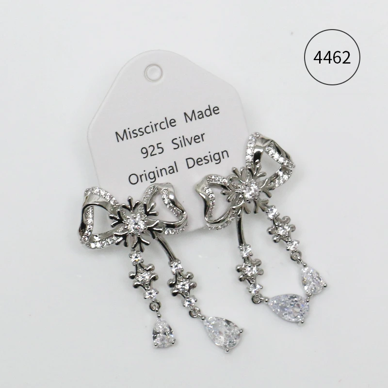 Misscircle Made 铜合金合成锆石耳饰 银色蝴蝶结水滴耳环女4462
