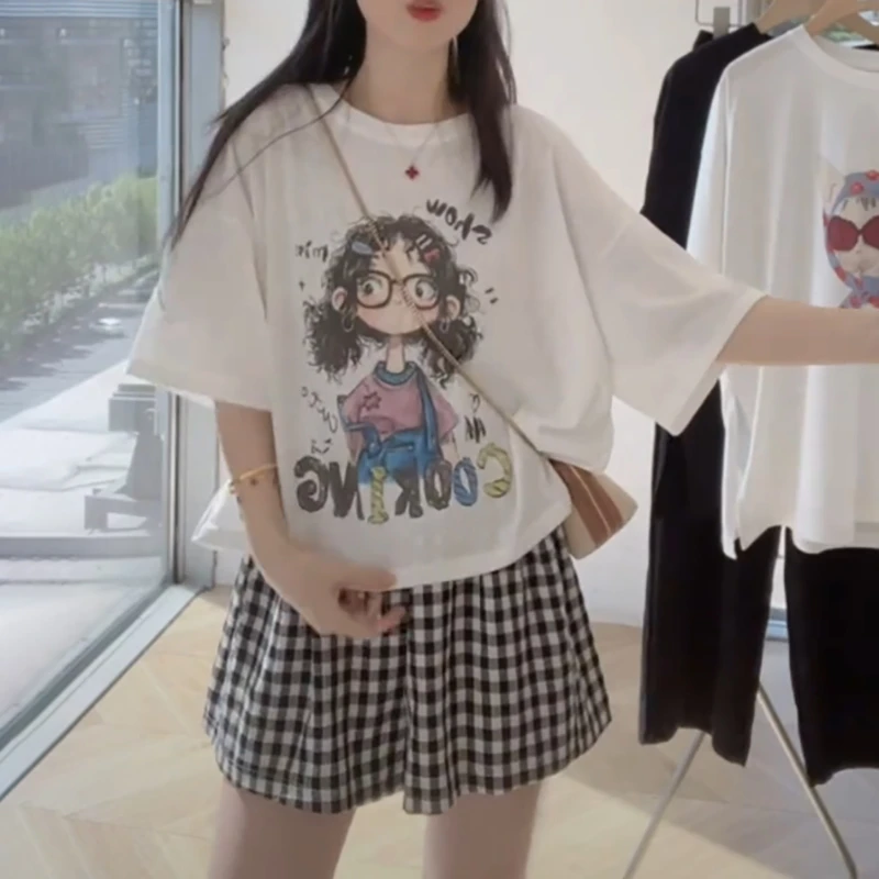 宽松慵懒遮肉圆领上衣2025夏季胖MM大码女装可爱卡通印花短袖T恤