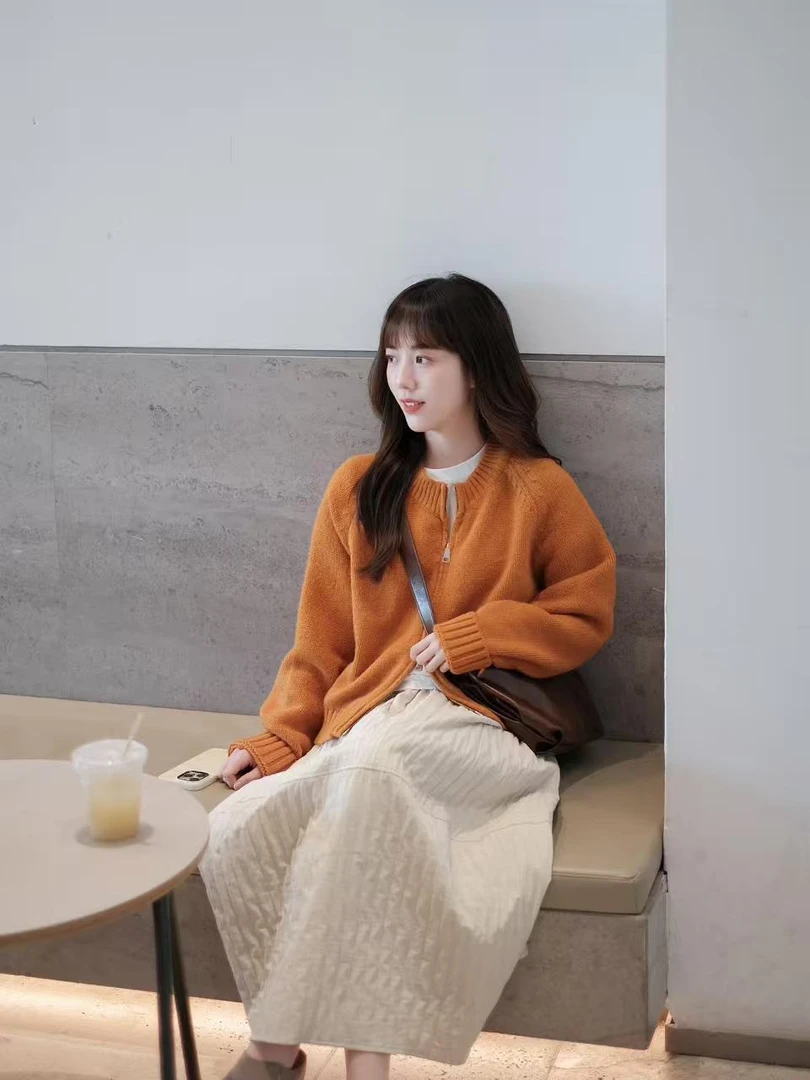2025秋季新款元气橘双拉链开衫女软糯温暖复古上衣毛衣百搭半身裙