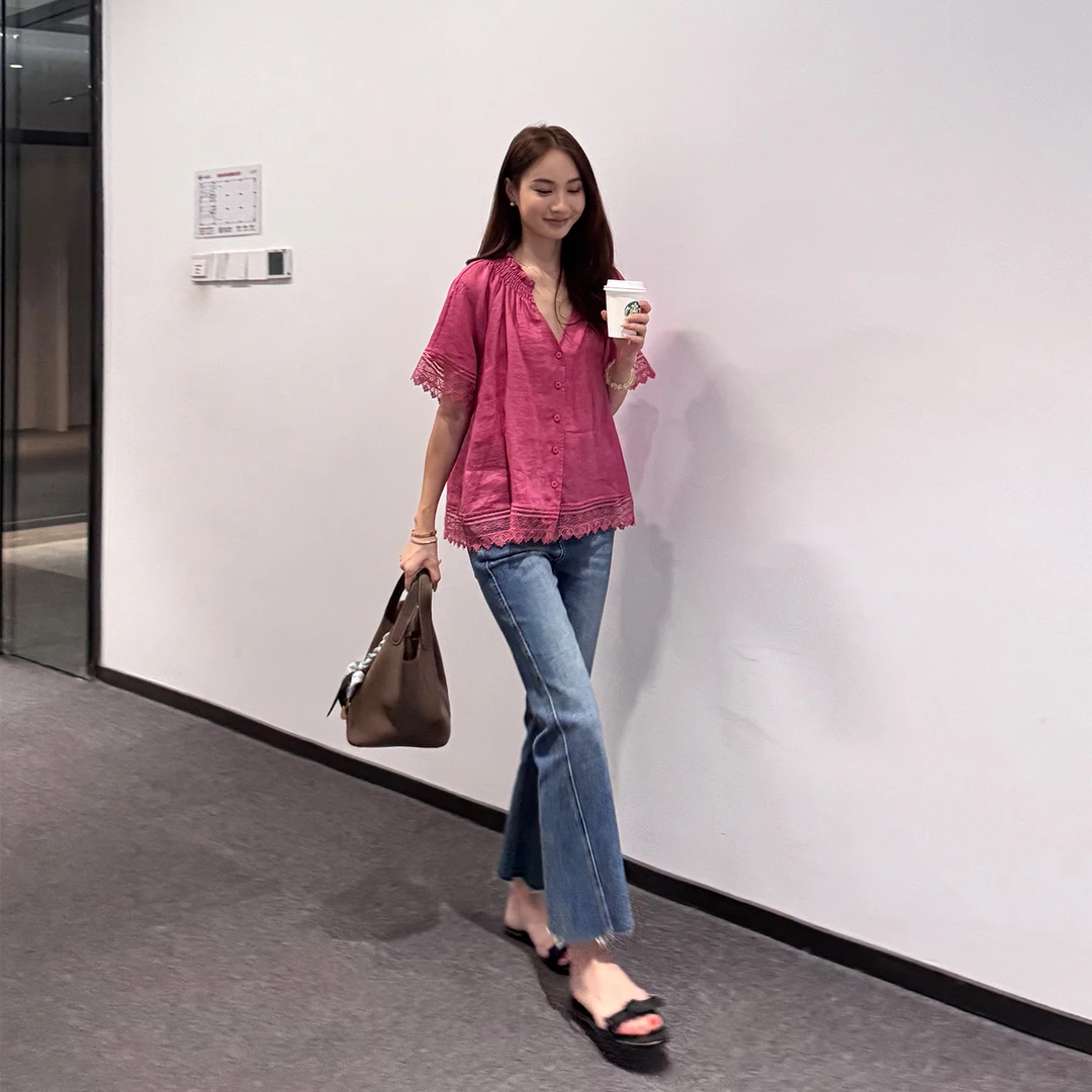 KEEP KAPU靠谱【桃知夭夭】新款蕾丝边100苎麻V领衬衫KP251156