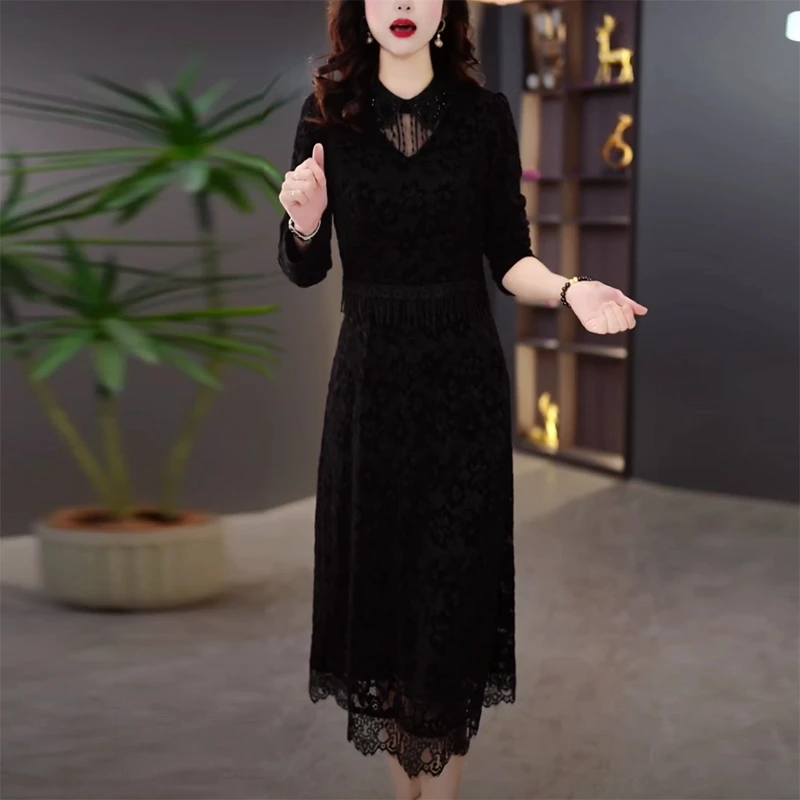 2025秋季百搭时尚气质修身显瘦收腰减龄遮肚子长袖妈妈装连衣裙--