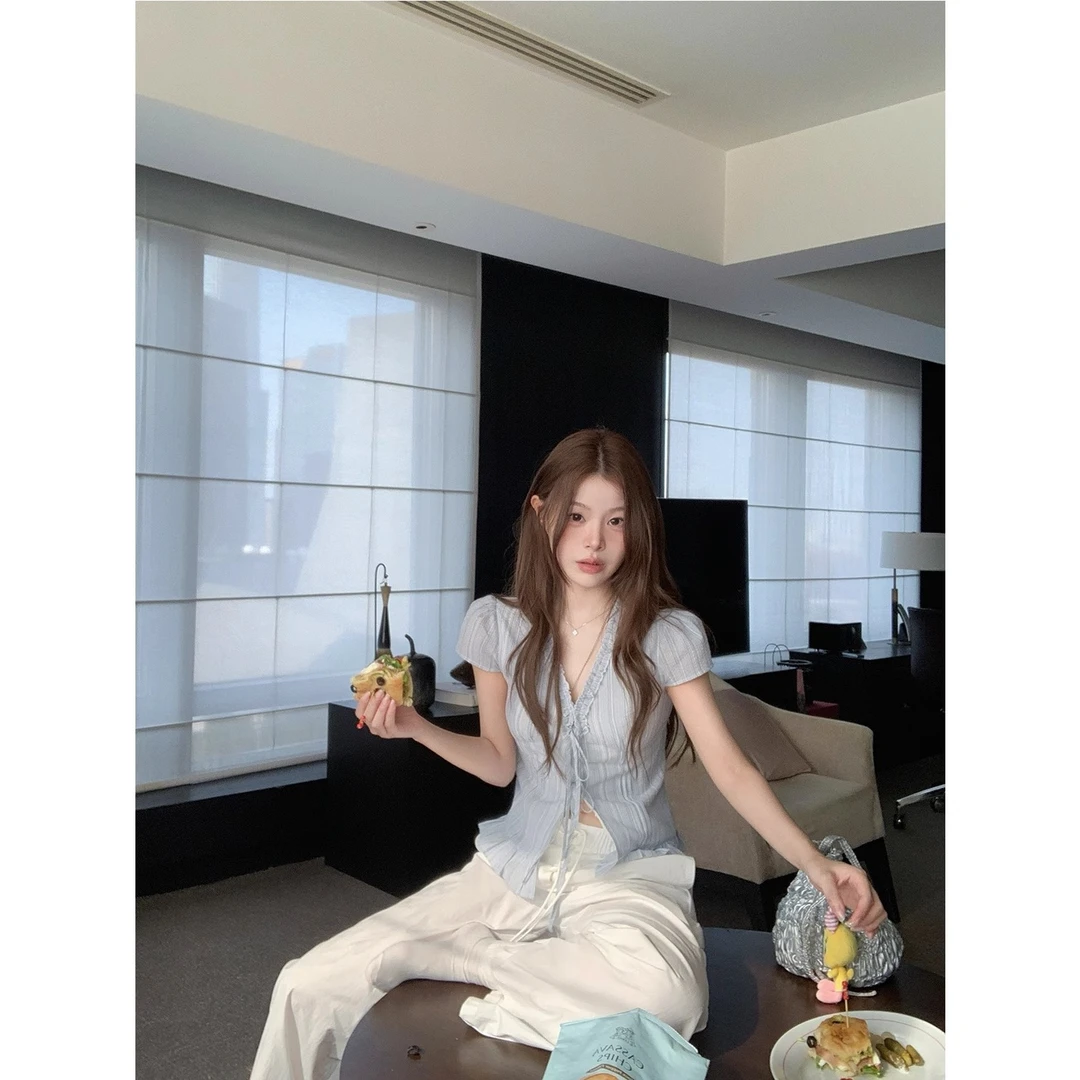 冰激凌iceV领木耳边系带短袖上衣女