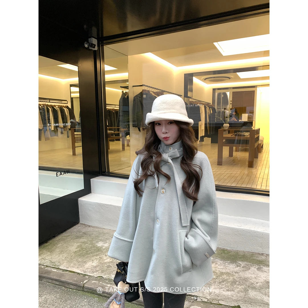 外卖到了11/6茶卡盐湖 斗篷双面羊毛大衣韩系毛呢外套WM5IMD12