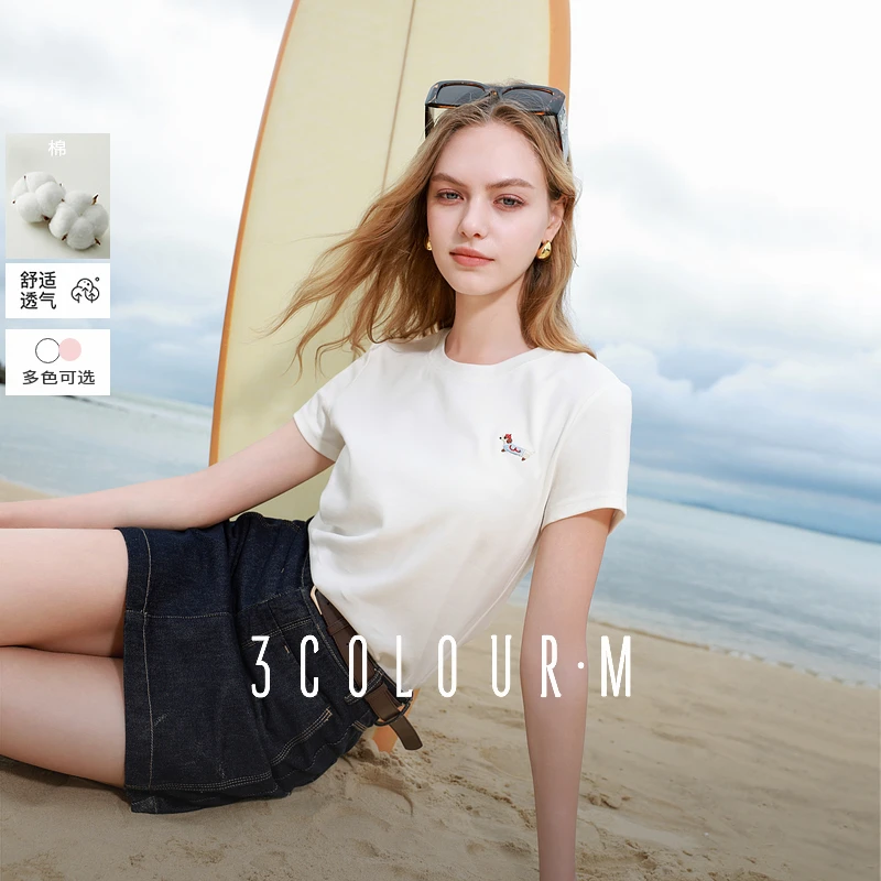 三彩2025夏季新款粉色小狗刺绣T恤圆领正肩短袖上衣套头衫休闲女M