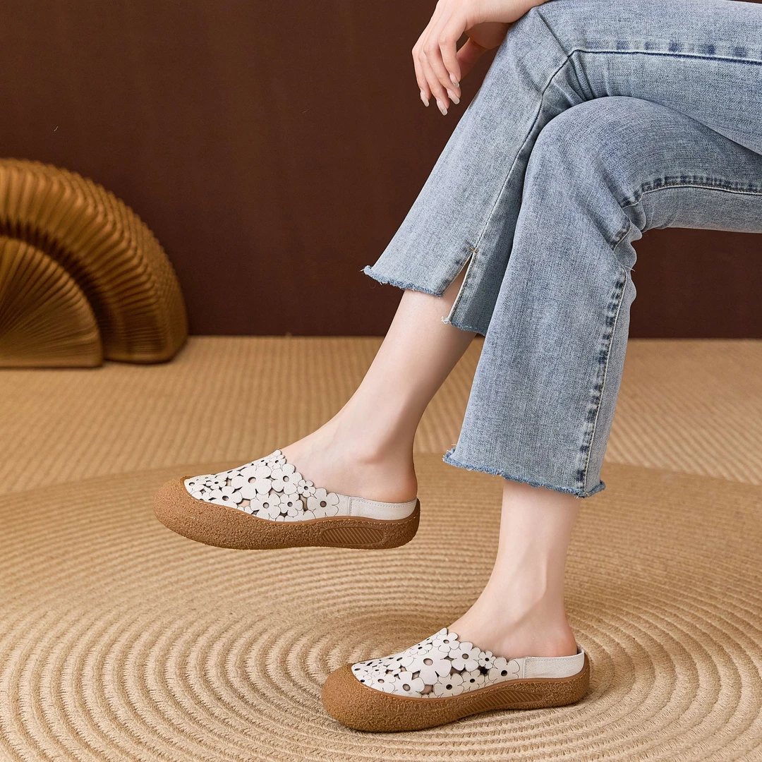 2025年夏季新款拖鞋头层牛皮软底软面轻盈舒适妈妈复古一脚蹬半托