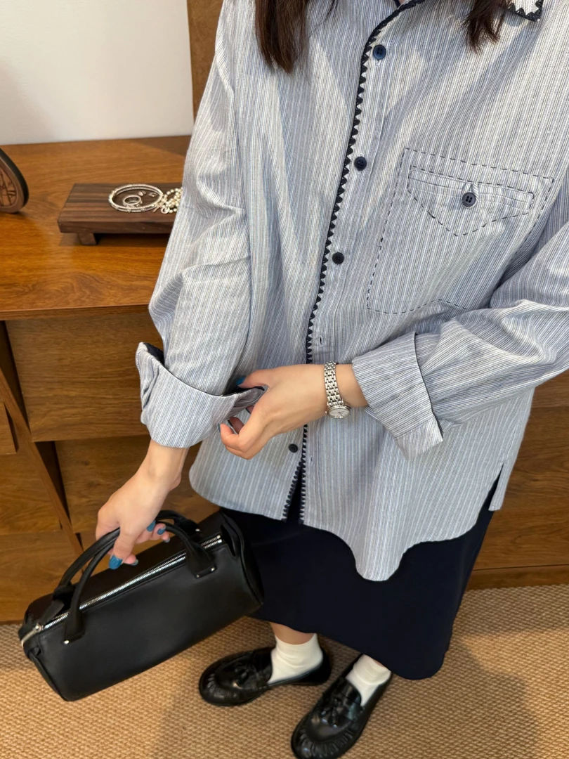 特价№退№换条纹衬衫设计感蓝色显白衬衫