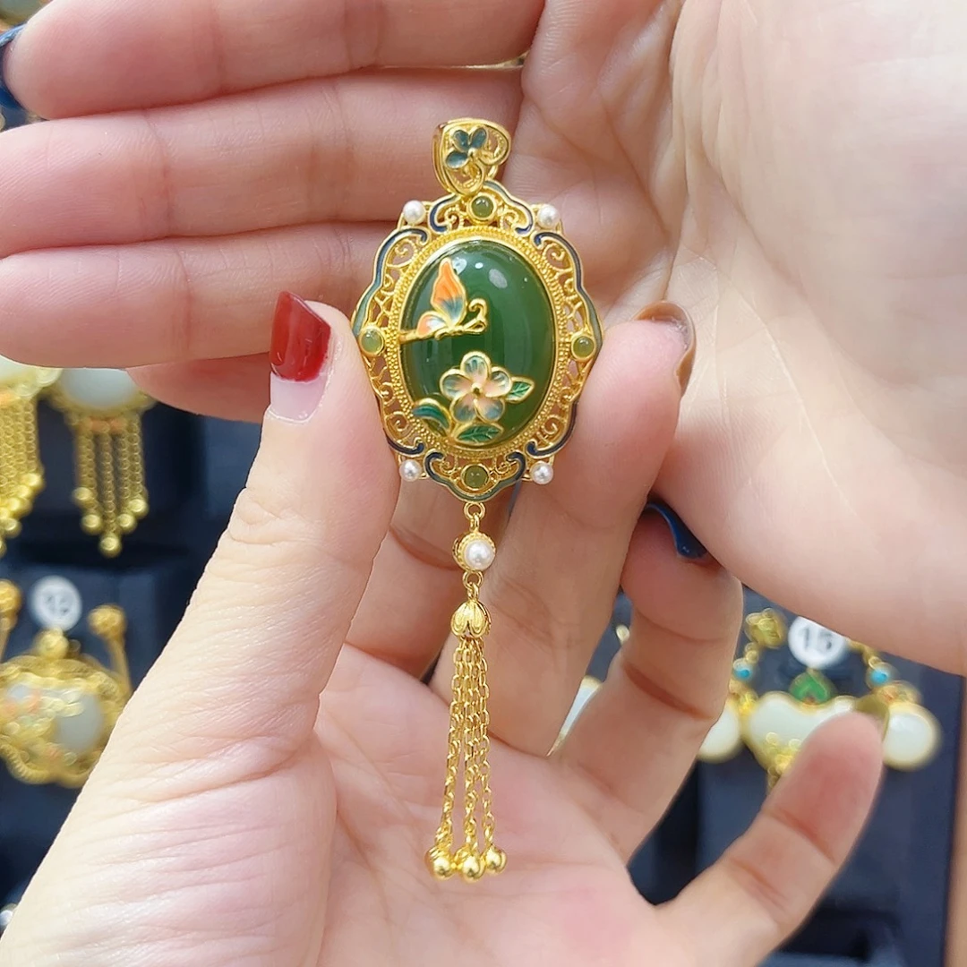 和田玉银S925镀金镶嵌颈饰